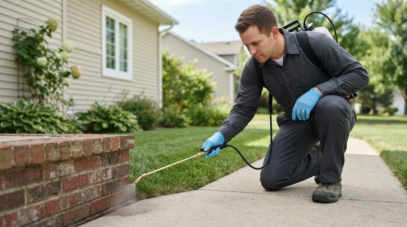 Pest control technician treating a home near Lostant, IL
