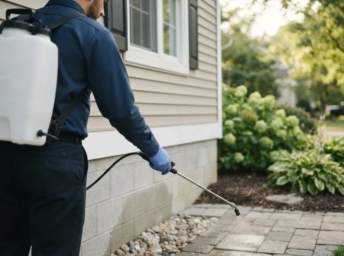 Pest control technician inspecting a home in Lostant, IL